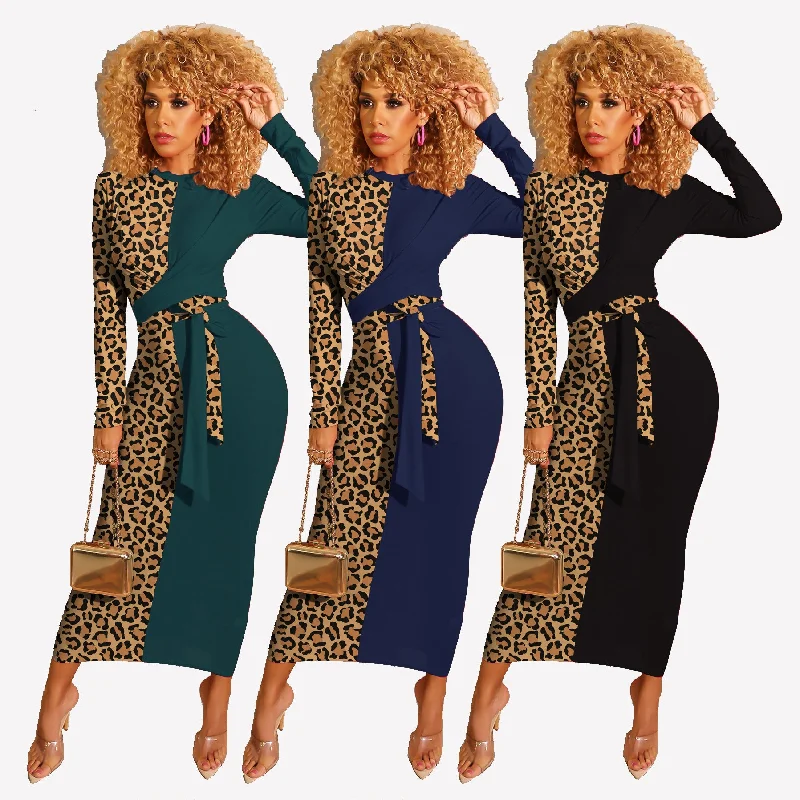 Women's Effortless Casual Outfit YG8060 - women modern leopard patch long sleeve bandage maxi dress