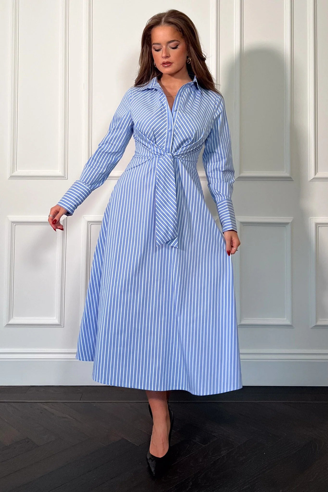 Sustainable Fashion Clothing For Women Lil Blue Pin Stripe Tie Front Shirt Dress