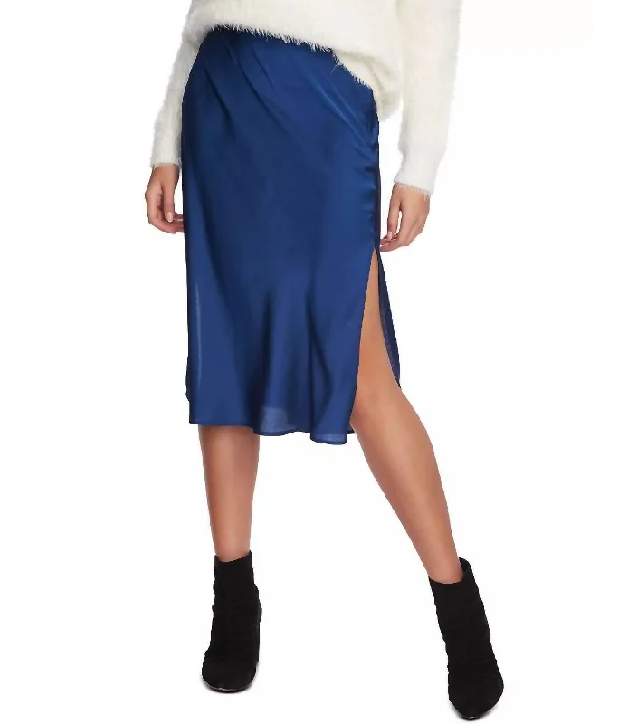 Women's Cozy Winter Attire Charmeuse Satin Midi Skirt In Blue