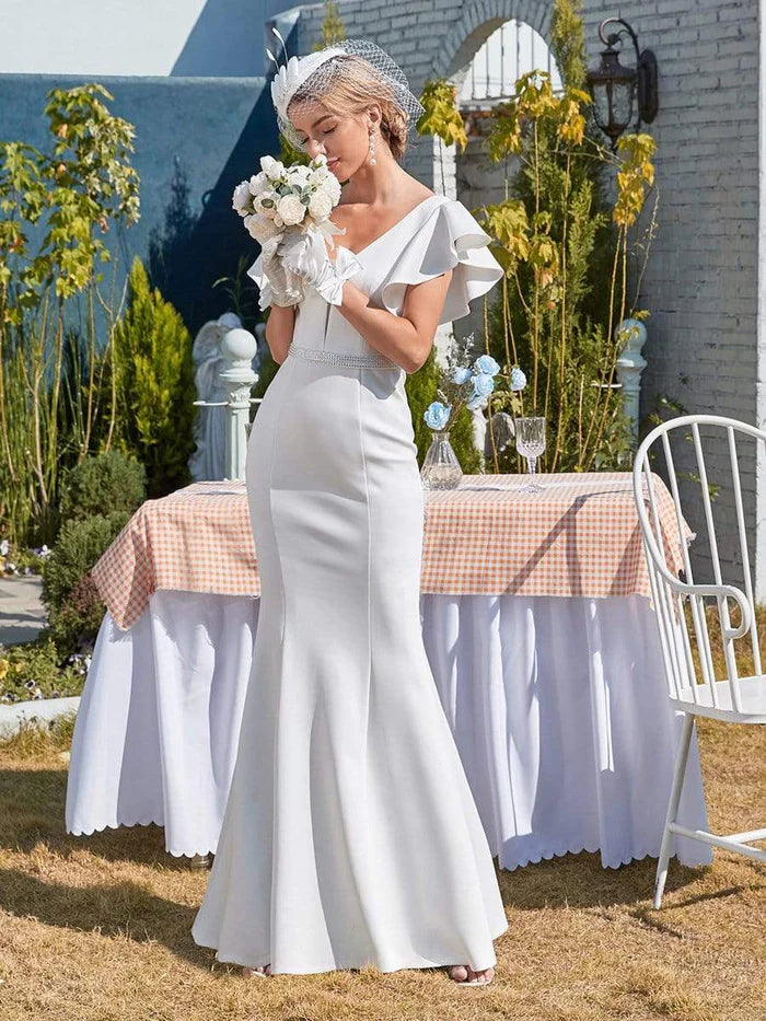 Sustainable Women's Clothing Plain Maxi Fishtail Corset Elopement Wedding Dress with Ruffle Sleeves