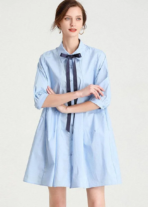 Women's Chic Outerwear Outfit Elegant Baby blue PeterPan Collar Button Summer Cotton Dress