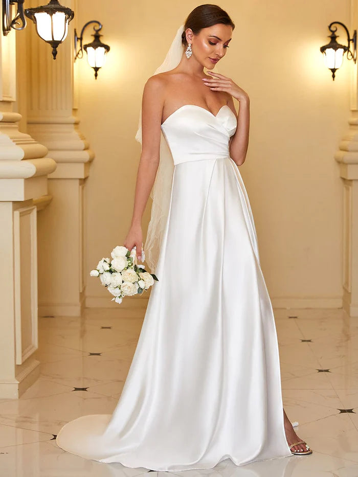 Plus-Size Women's Clothing Satin Pleated Sweetheart Sleeveless Front Slit Wedding Dress