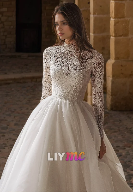 Casual Clothes For Women High Neck Long Sleeves Lace Appliques Tulle Ball Gown Wedding Dress