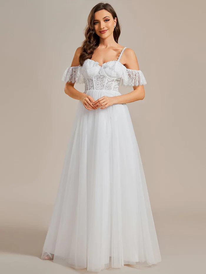 Affordable Women's Garments Romantic See-Through Lace Bodice Spaghetti Strap Short Sleeve Tulle Wedding Dress