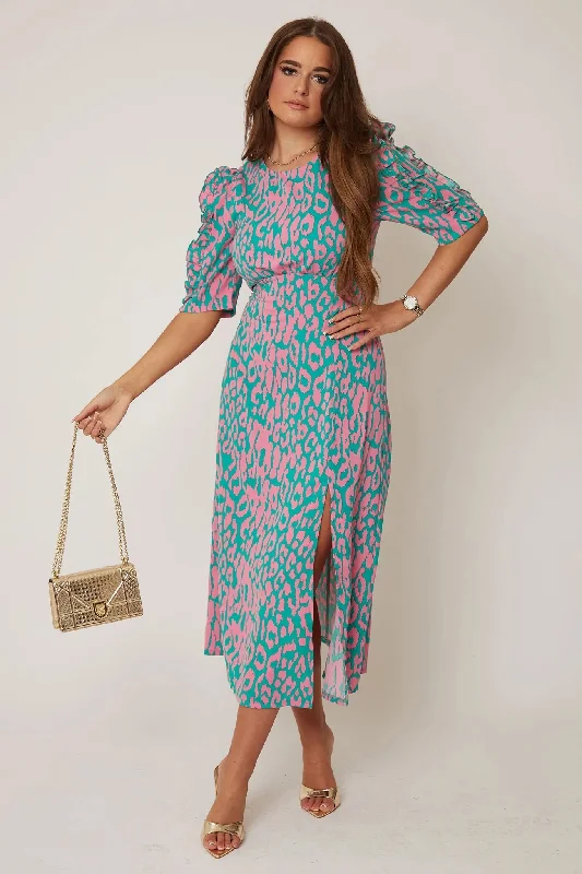 Women's Stylish Professional Apparel Emilie Pink and Turquoise Print Frill Sleeve Midi Dress