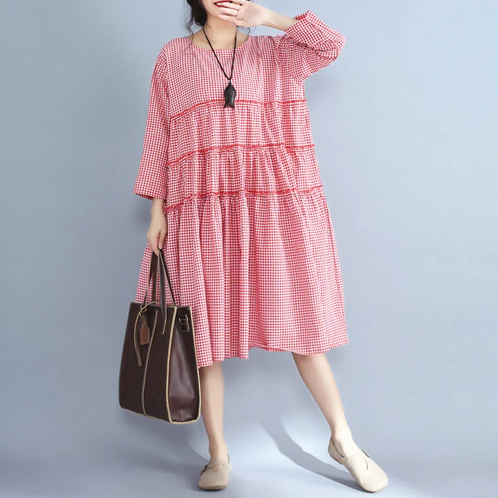 Women's Trendy Clothes baggy red plaid pure linen dresses plus size casual patchwork o neck midi dress