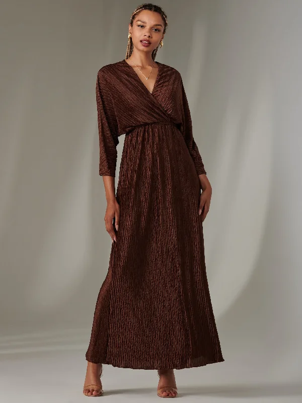 High-Fashion Women's Clothing Ruffle Hem Textured Jersey Maxi Dress, Chocolate