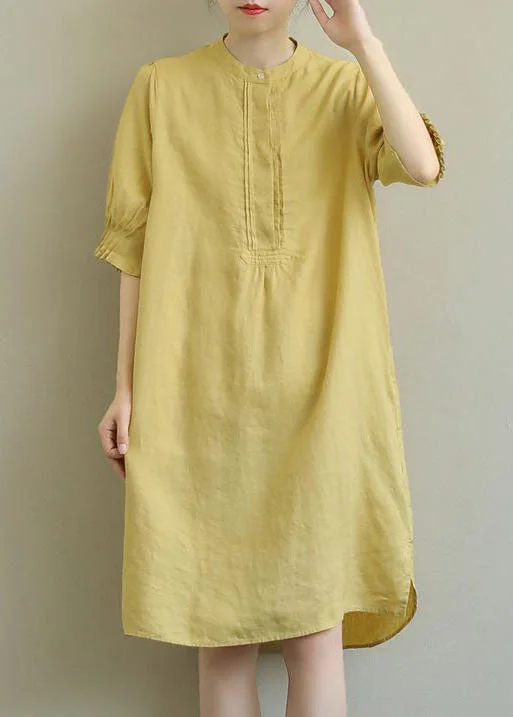 Women's Luxury Apparel Chic Yellow side open Cotton Mid Dress Half Sleeve