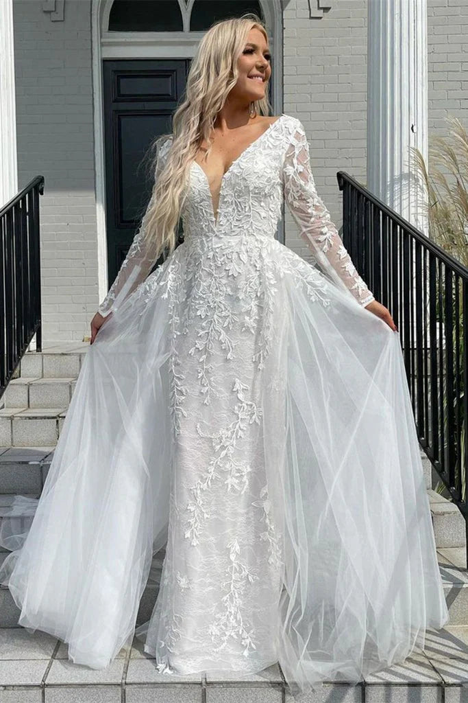 Affordable Women's Clothing Sexy Wedding Dresses V Neck Mermaid/Trumpet With Detachable Skirt