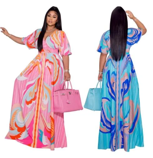 Women's Workout Clothing Elegant Floral Print Maxi Beach Dresses V Neck Flare Sleeve Women Maxi Dress 2022 Side Split Dresses Women For Church