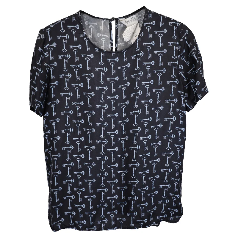 Women's Elegant Formal Outfit Max Mara Golf Key Printed T-Shirt in navy Blue Silk