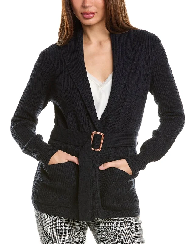 Modern Women's Attire Bruno Magli Ribbed Belted Shawl Wool Cardigan