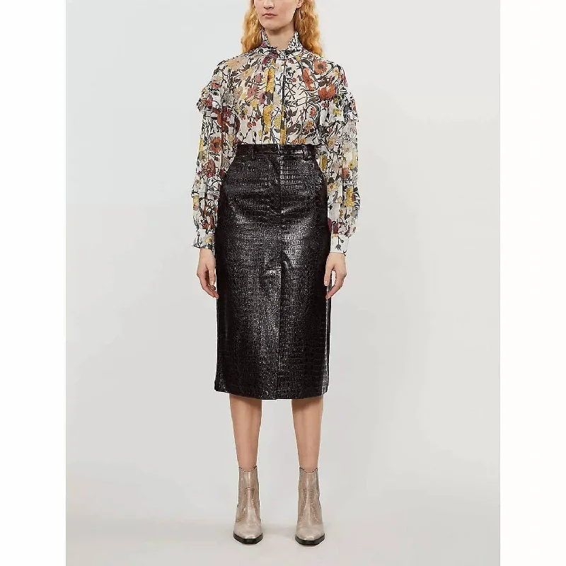 Formal Garments For Women Croc Embossed Vinyl Faux Leather Pencil Skirt In Brown