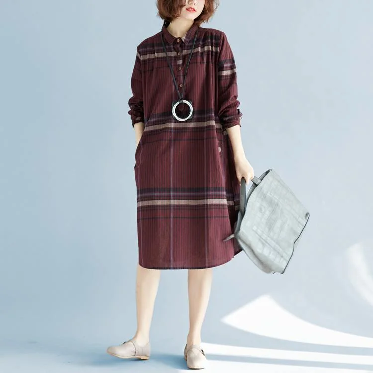 Women's Clothes For The Office 2018 red Plaid natural cotton linen shirt dress plus size traveling dress Elegant long sleeve pockets Turn-down Collar natural cotton linen shirt dress