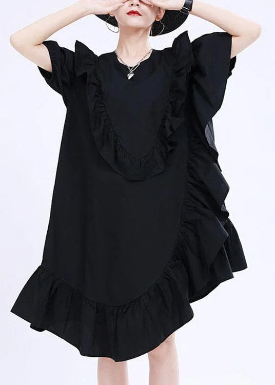 Women's Comfy Loungewear Outfit Classy Black Asymmetrical Design Ruffled Patchwork Summer Dress