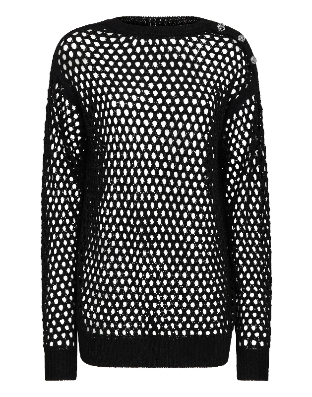 Comfortable Garments For Women Cashmere 5 Pullover Round Neck LS Fishnet Crystal