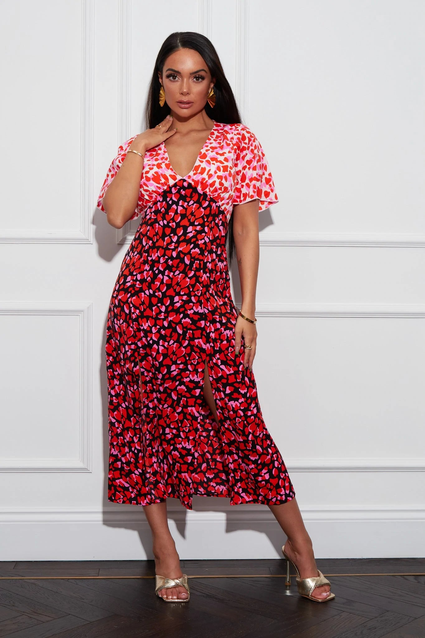 Formal Attire For Women Anita Multi Heart Print Angel Sleeve Midi Dress