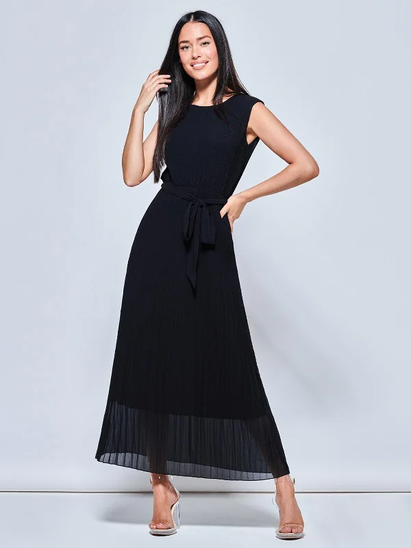 Women's Evening Outfit Pleated Chiffon Sleeveless Maxi Dress, Black