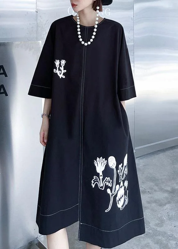 Chic Clothes For Women Stylish Black Embroideried Button Asymmetrical Design Fall Long sleeve Dresses