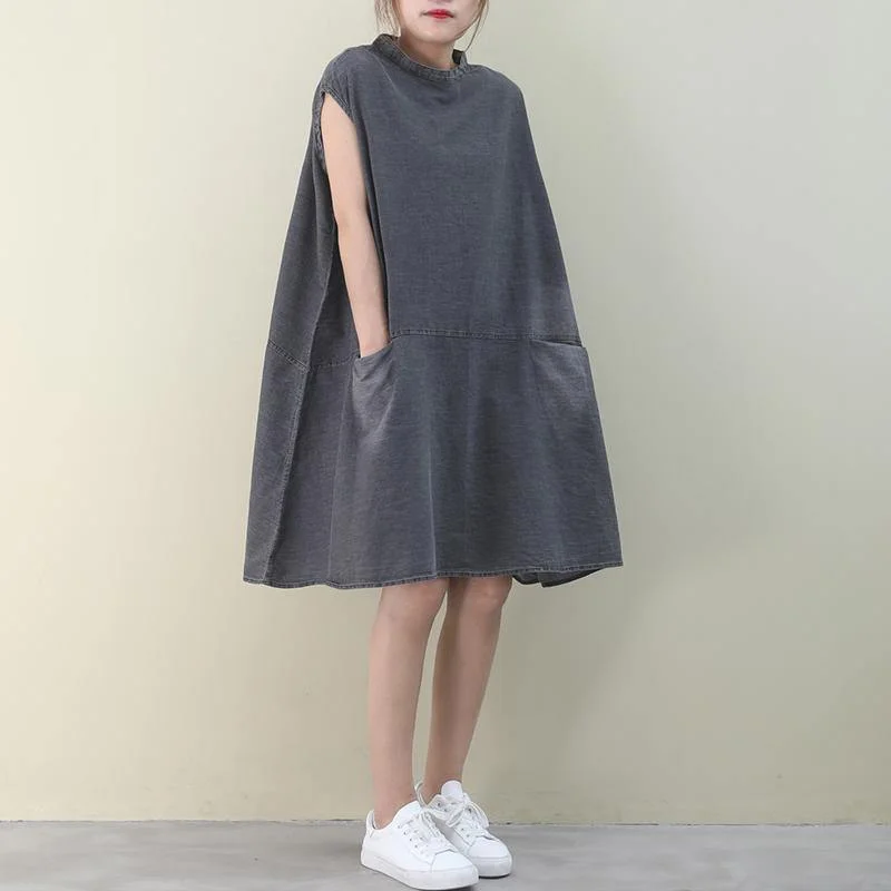 Women's Vacation Clothes DIY o neck sleeveless Cotton outfit denim gray Dress