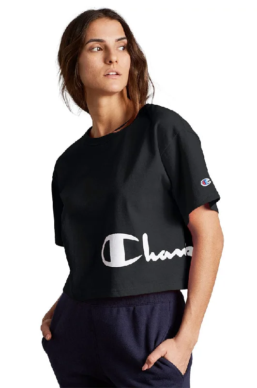 Charming Women's Holiday Apparel Champion Heritage Cropped Women's Tee, Wrap Around Logo