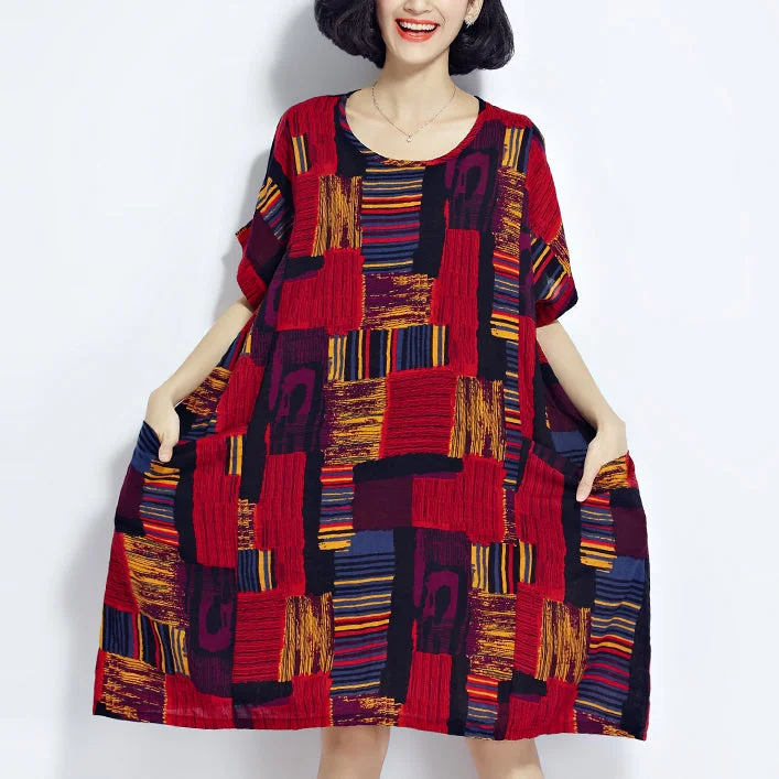 Chic Women's Garments New red prints cotton dress trendy plus size cotton clothing dresses New o neck short sleeve midi dress