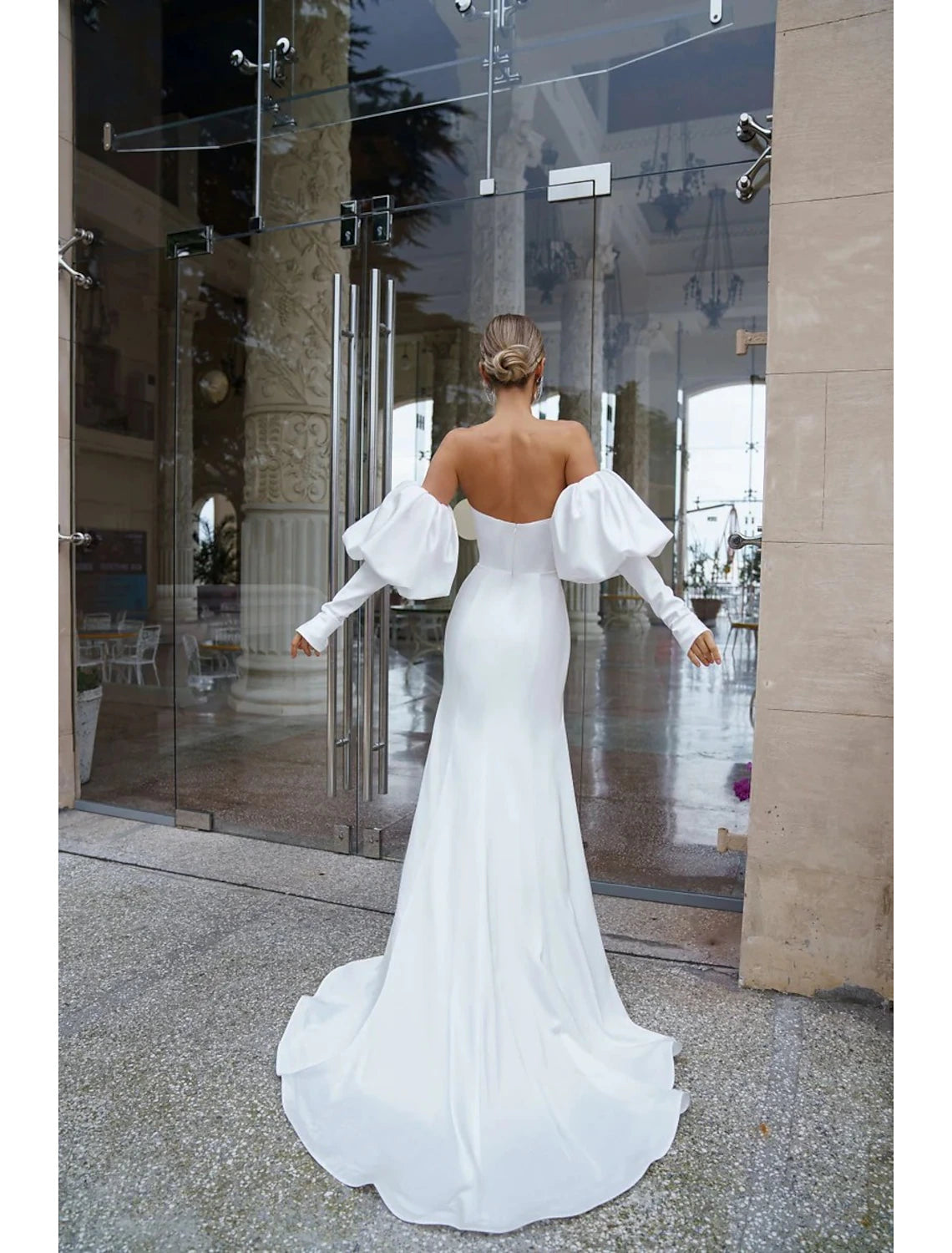 Women's Plus-Size Attire Hall Casual Wedding Dresses Mermaid / Trumpet Off Shoulder Long Sleeve Court Train Satin Bridal Gowns With Ruched Solid Color