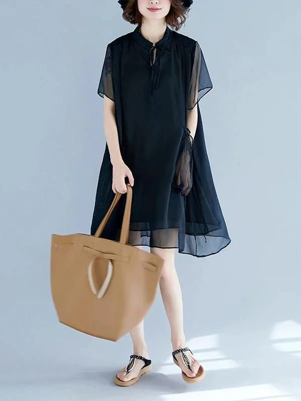 Women's Fashion-Forward Apparel Handmade black tunic pattern stand collar pockets A Line Dresses