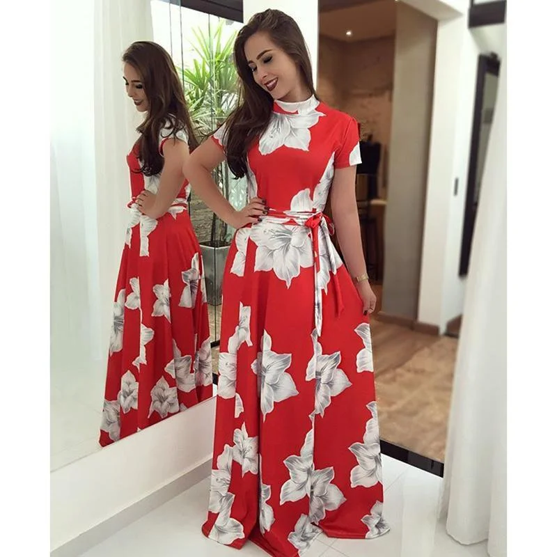 Comfortable Outfit For Women FashionSierra - Flower print turtleneck long summer dress Women sashes pleated long dress Elegant womens maxi dresses red vestidos mujer