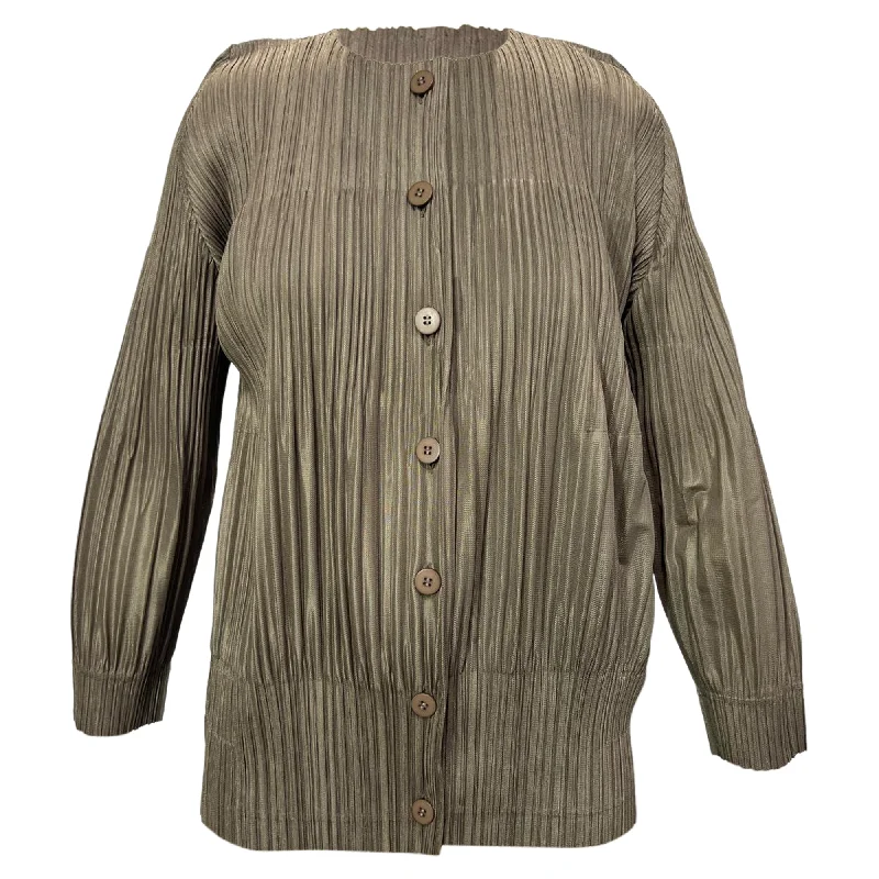 Tailored Clothing For Women Pleats Please Issey Miyake Button-Down Top in Brown Polyester