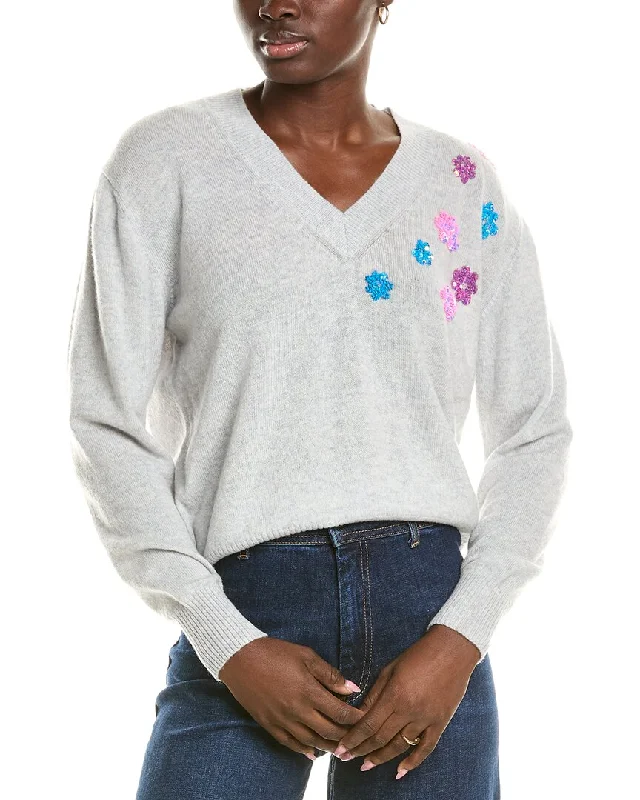 Affordable Women's Clothing Brodie Cashmere Wool & Cashmere-Blend Sequin Floral V Neck Jumper