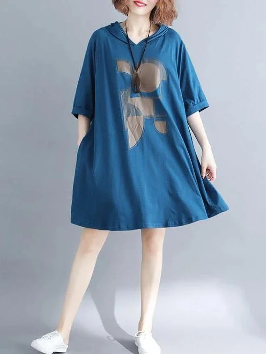 Women's High-End Clothing Loose hooded Cotton dress Shape blue print Dress summer