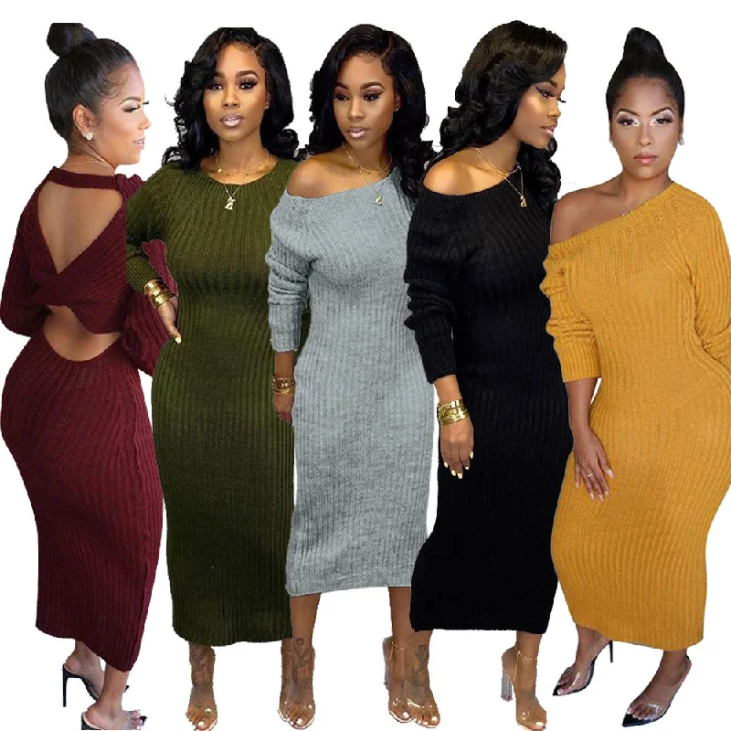 Women's Plus-Size Outfit 91012-MX100 autumn winter knitting long sleeve midi maxi dresses ladies