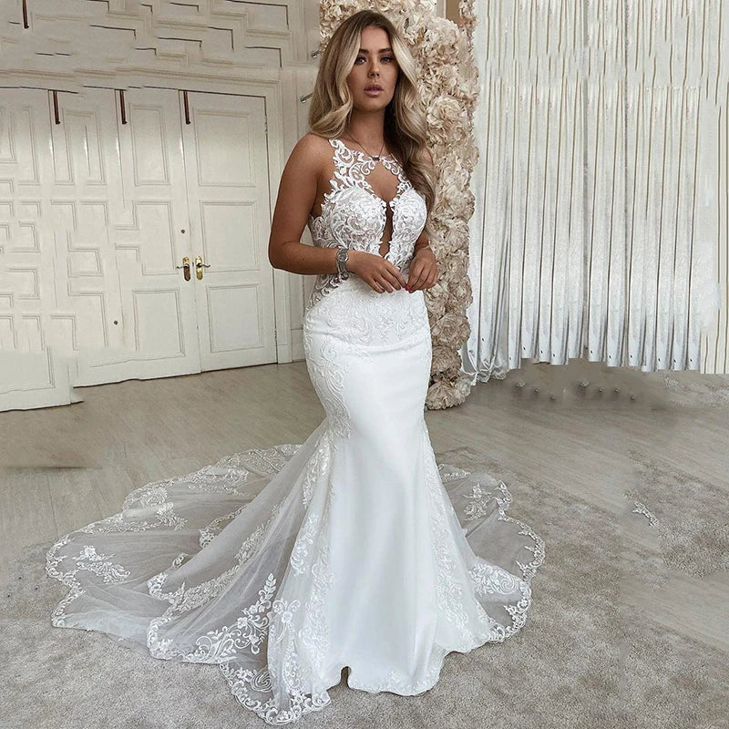 Women's Professional Apparel Sexy Mermaid Wedding Dresses Scoop neck  Lace Appliques Bride Dress Open Back Country Bridal Gown Vestido de novie