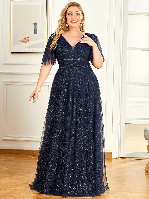 Women's Athletic Garments Plus Size Romantic V Neck Tulle Evening Dress with Ruffle Sleeves