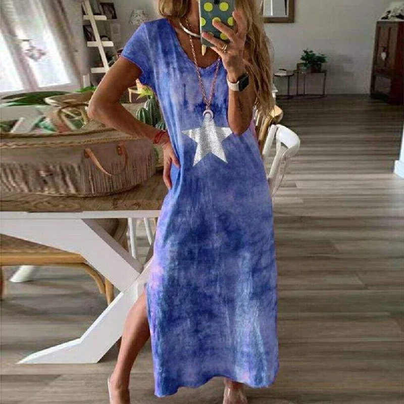 Women's Sporty Chic Clothes FashionSierra - Fashion Women Tie-dye Long Maxi Loose Dress Ladies Short Sleeve V Neck Summer Holiday Party Beach Sundress