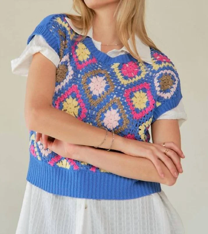 Women's Transitional Outfit Multi Color Crochet Top In Blue