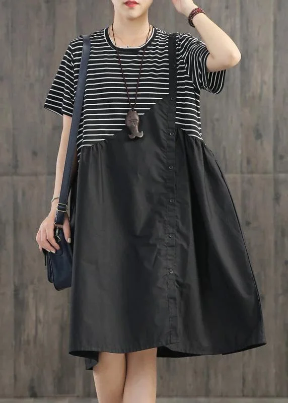 Women's Formal Event Attire Beautiful cotton clothes Boho Stripes Spliced Round Collar Casual Dress