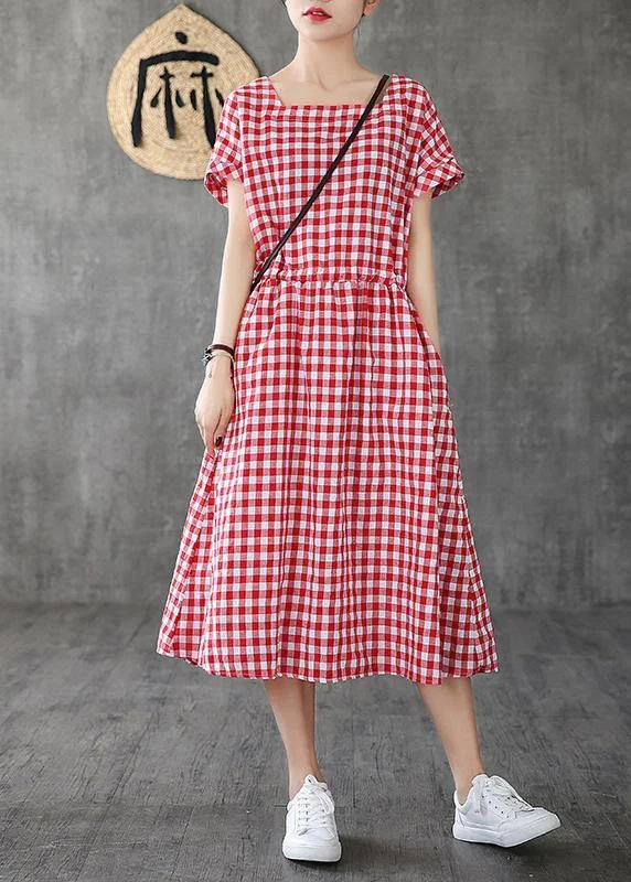 Vintage Clothing For Women Handmade Square Collar patchwork cotton linen clothes For Women Shape red plaid Dress summer