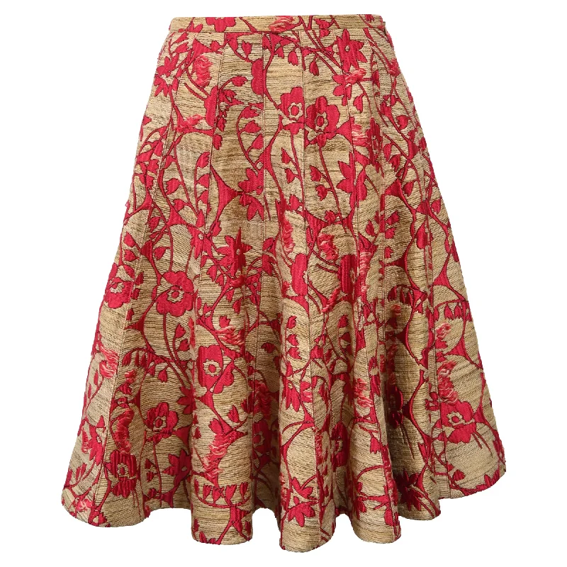 Women's Comfortable Lounge Attire Valentino Flared Distressed Brocade Knee Length Skirt in Red Silk