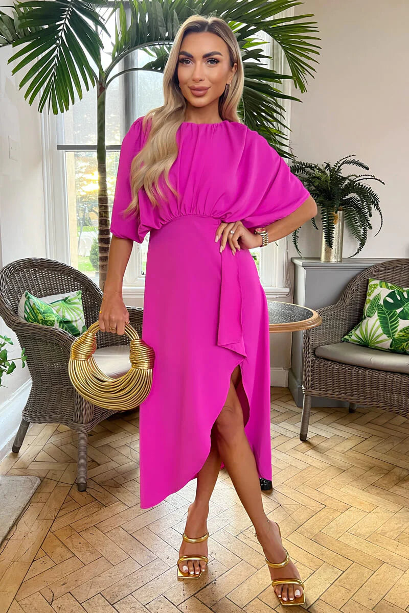 Women's Trendy Outfit Destiny Hot Pink Batwing Top Wrap Skirt Midi Dress