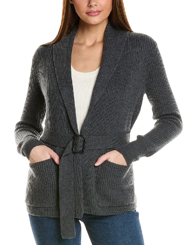 Women's Effortless Casual Outfit Bruno Magli Ribbed Belted Shawl Wool Cardigan