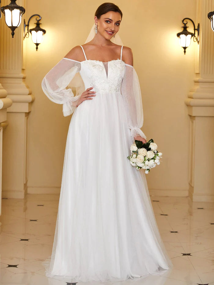 Women's Vacation Outfit Boho Chic Cold Shoulder Lantern Sleeve Wedding Dress