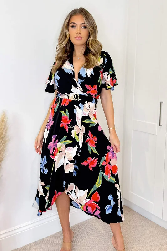 Elegant Women's Evening Garments Willow Black Floral Multi Print Belted Midi Dress