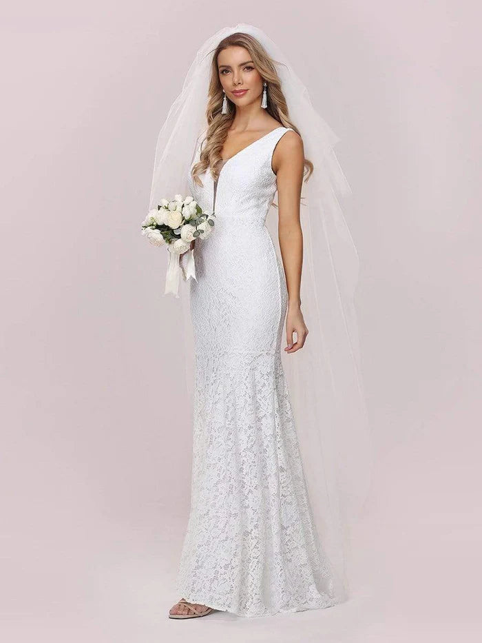 Women's Active Outfit For Fitness Dainty Deep V Neck Sleeveless Fishtail Lace Wedding Dress