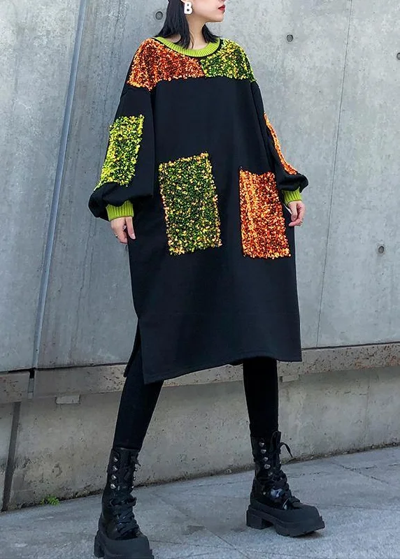 Women's Resort Garments DIY black Sequined decorated cotton dresses patchwork long winter Dresses