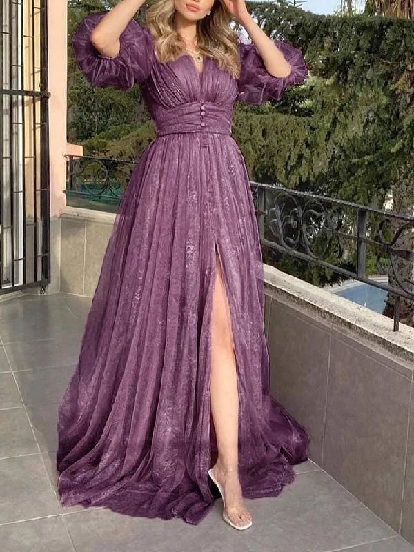 Women's Work Apparel FashionSierra - New Style Sexy Lace Purple Mesh Half Sleeved Prom Dresses