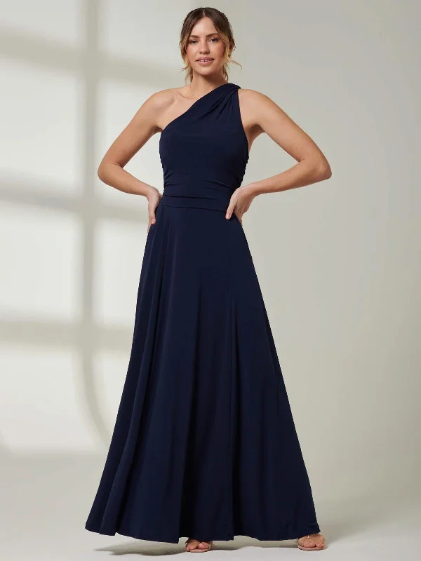 Women's Elegant Clothes One Shoulder Jersey Maxi Dress, Navy