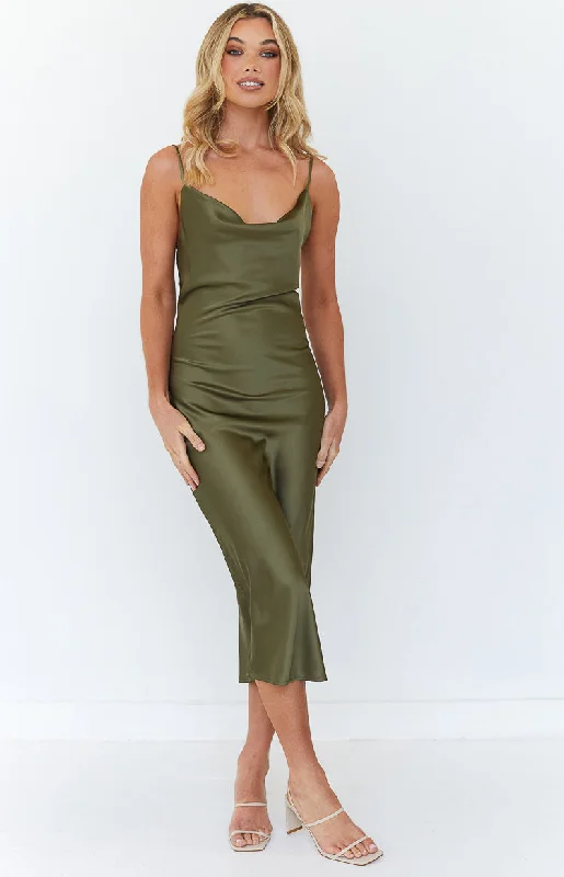 High-Fashion Women's Clothing Schiffer Slip Midi Dress Khaki