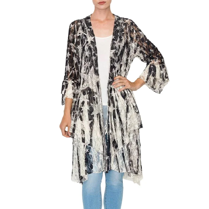 Women's Contemporary Apparel Aurora Star Lace Cardigan In Black/cream